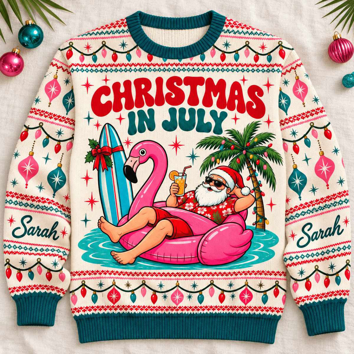 Personalized Christmas in July Flamingo Sweater & Cardigan - FlamingoAholic
