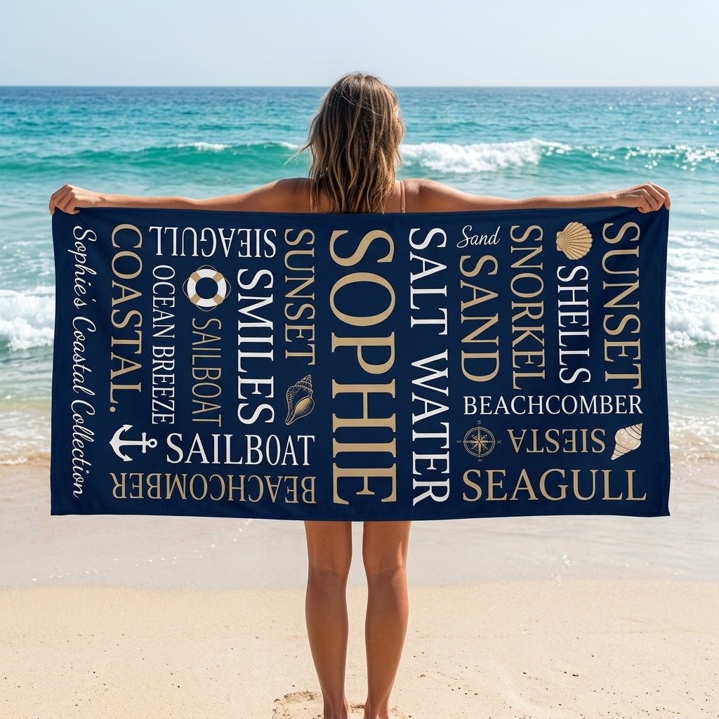 Personalized Coastal Beach Towel - Navy Typography Custom Name Summer Gift - FlamingoAholic