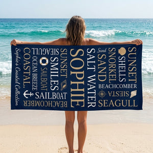 Personalized Coastal Beach Towel - Navy Typography Custom Name Summer Gift - FlamingoAholic