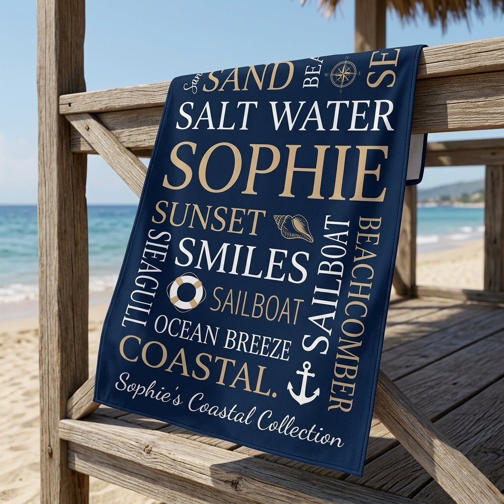 Personalized Coastal Beach Towel - Navy Typography Custom Name Summer Gift - FlamingoAholic