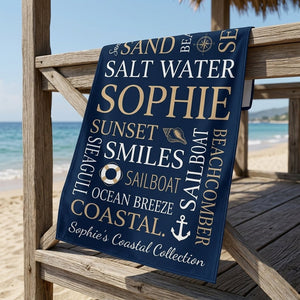 Personalized Coastal Beach Towel - Navy Typography Custom Name Summer Gift - FlamingoAholic