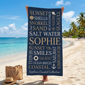 Personalized Coastal Beach Towel - Navy Typography Custom Name Summer Gift - FlamingoAholic