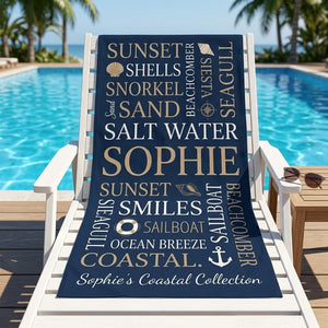 Personalized Coastal Beach Towel - Navy Typography Custom Name Summer Gift - FlamingoAholic
