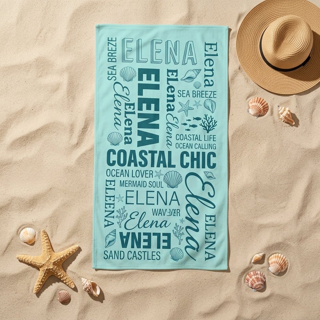 Personalized "Coastal Chic" Typography Beach Towel - Custom Name Summer Gift - FlamingoAholic