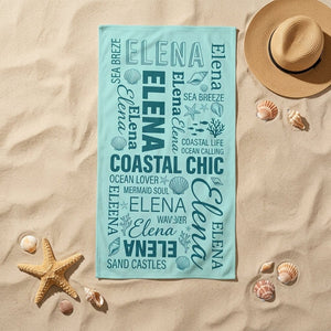 Personalized "Coastal Chic" Typography Beach Towel - Custom Name Summer Gift - FlamingoAholic