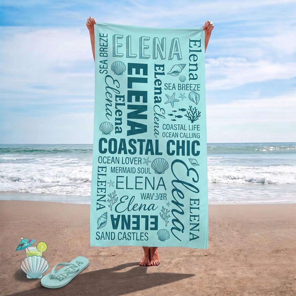 Personalized "Coastal Chic" Typography Beach Towel - Custom Name Summer Gift - FlamingoAholic
