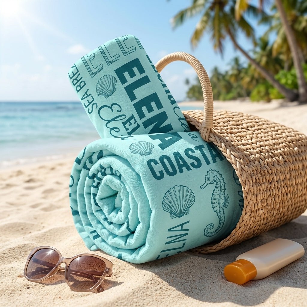 Personalized "Coastal Chic" Typography Beach Towel - Custom Name Summer Gift - FlamingoAholic