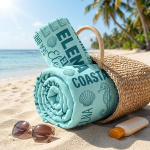 Personalized "Coastal Chic" Typography Beach Towel - Custom Name Summer Gift - FlamingoAholic
