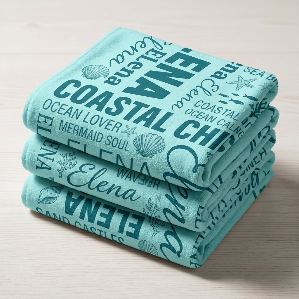 Personalized "Coastal Chic" Typography Beach Towel - Custom Name Summer Gift - FlamingoAholic