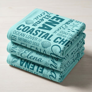 Personalized "Coastal Chic" Typography Beach Towel - Custom Name Summer Gift - FlamingoAholic