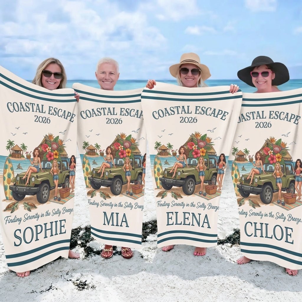 Personalized Coastal Escape 2026 Beach Towel - Road Trip Friends Custom Name Group Vacation Gift - FlamingoAholic