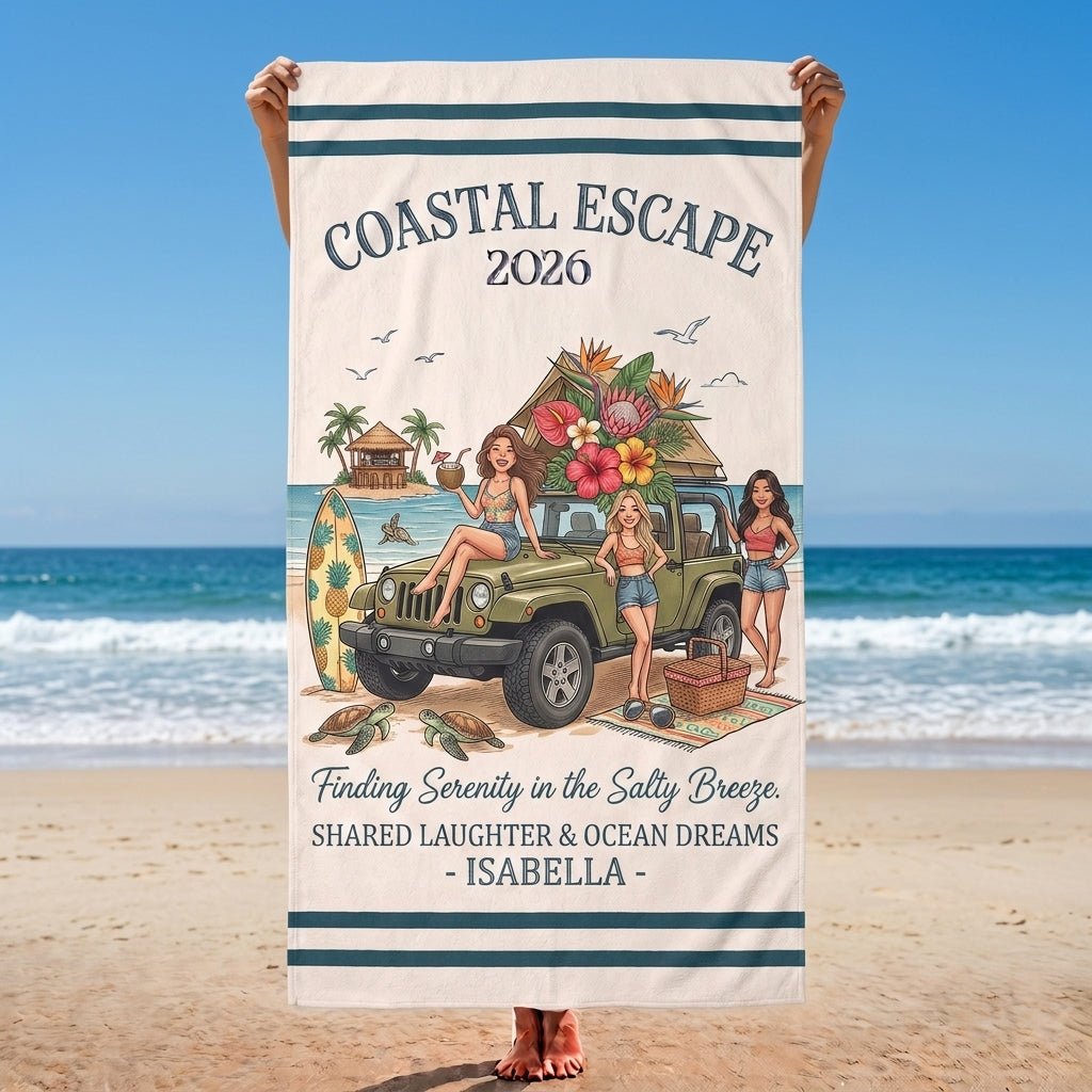 Personalized Coastal Escape 2026 Beach Towel - Road Trip Friends Custom Name Group Vacation Gift - FlamingoAholic