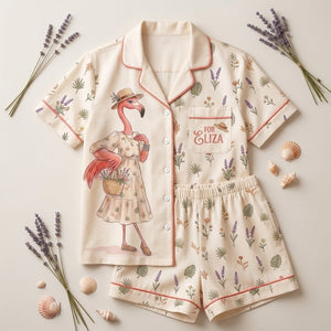 Personalized Coastal Flamingo Print Cream Short Satin Pajama Set - FlamingoAholic