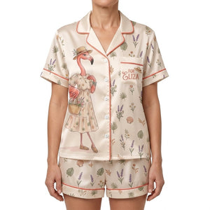 Personalized Coastal Flamingo Print Cream Short Satin Pajama Set - FlamingoAholic
