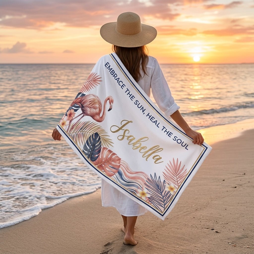 Personalized "Coastal Grandma" Flamingo Beach Towel - Custom Name Summer Gift - FlamingoAholic