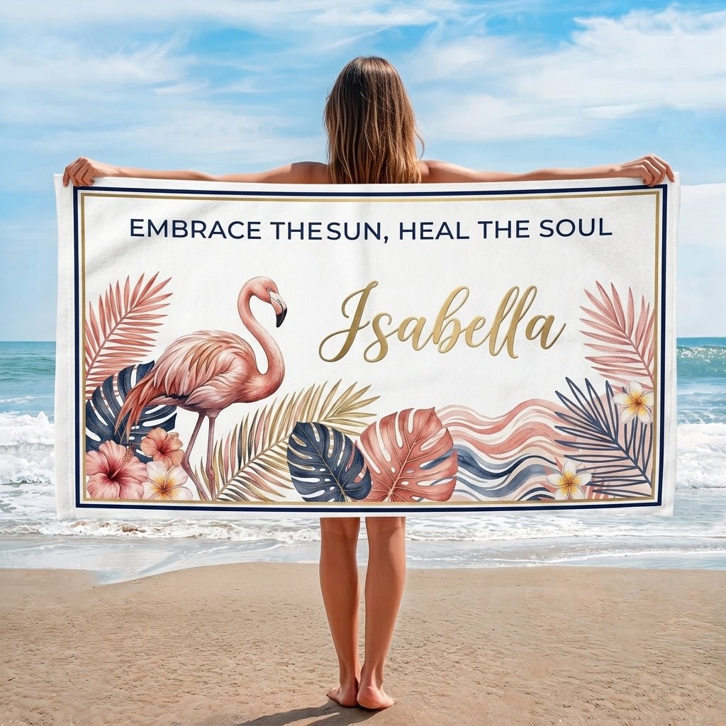 Personalized "Coastal Grandma" Flamingo Beach Towel - Custom Name Summer Gift - FlamingoAholic