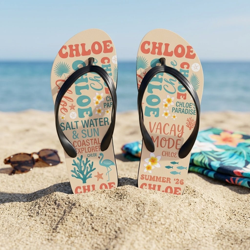 Personalized Coastal Lightweight Flip Flops - Custom Name "Chloe" - FlamingoAholic