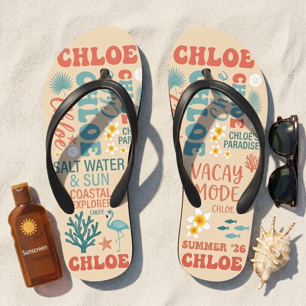 Personalized Coastal Lightweight Flip Flops - Custom Name "Chloe" - FlamingoAholic