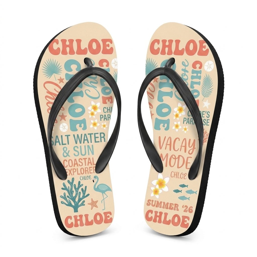 Personalized Coastal Lightweight Flip Flops - Custom Name "Chloe" - FlamingoAholic