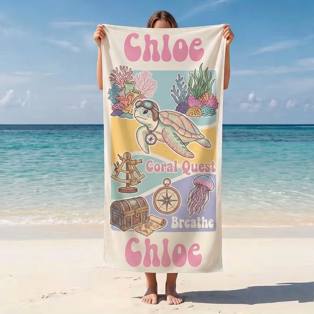 Personalized Coral Quest Sea Turtle Beach Towel - Adventure Underwater Map Custom Name Vacation Gift - FlamingoAholic