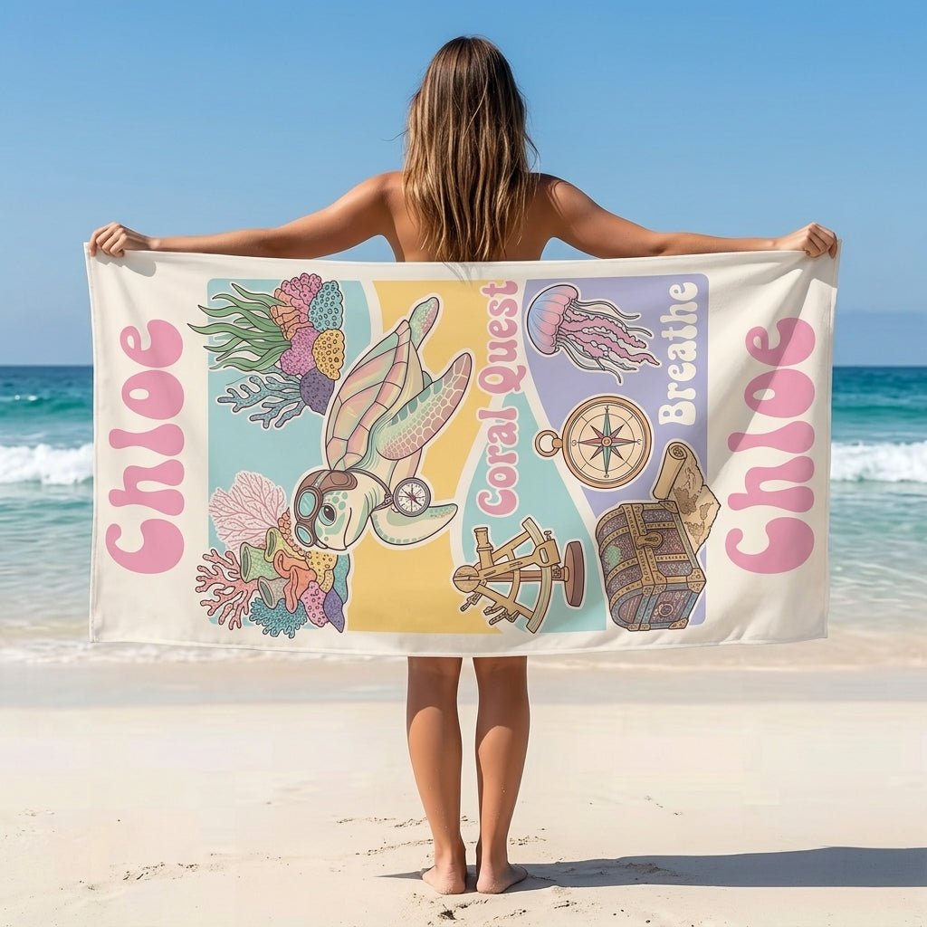 Personalized Coral Quest Sea Turtle Beach Towel - Adventure Underwater Map Custom Name Vacation Gift - FlamingoAholic