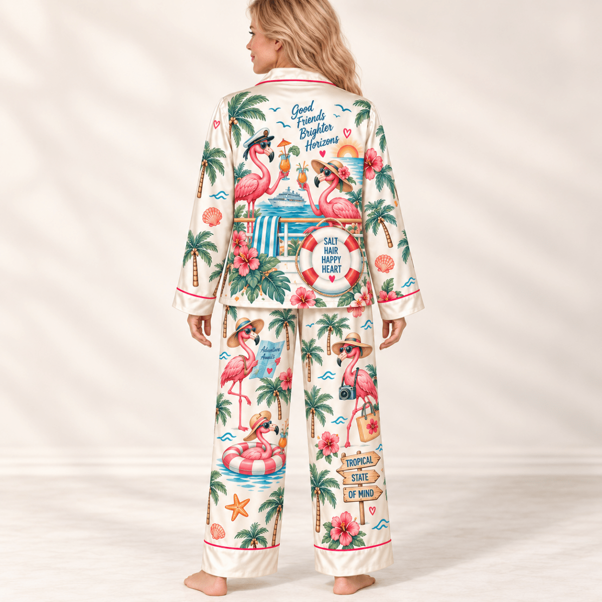 Personalized Cruise Mode On Flamingo Satin Pajama Set for Women - FlamingoAholic