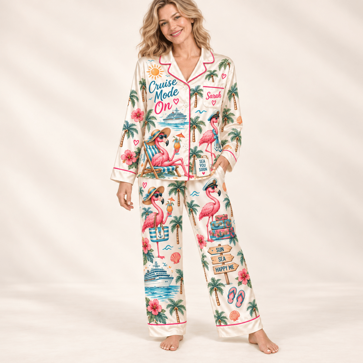 Personalized Cruise Mode On Flamingo Satin Pajama Set for Women - FlamingoAholic