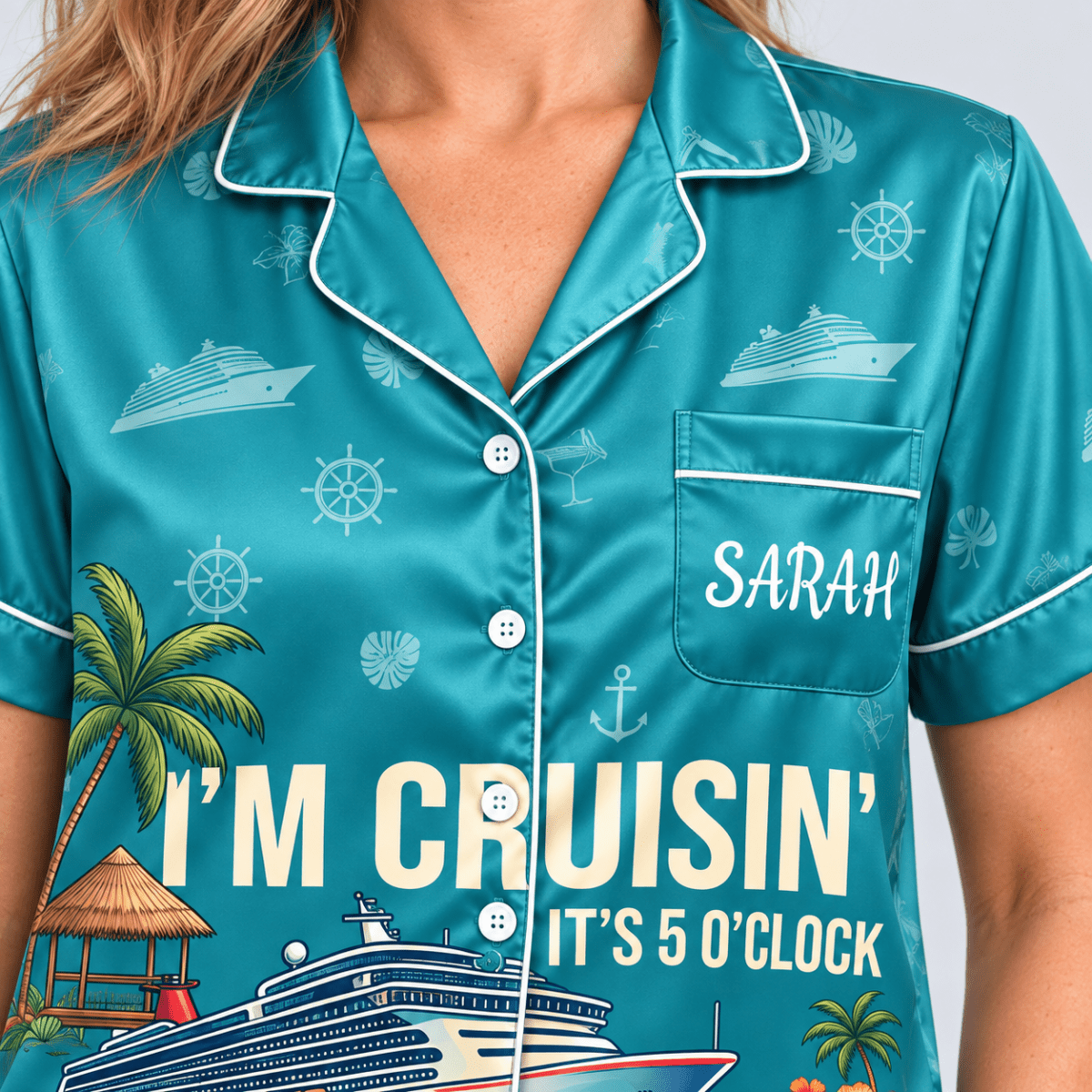 Personalized Cruise Retirement Satin Pajama Set for Women - FlamingoAholic