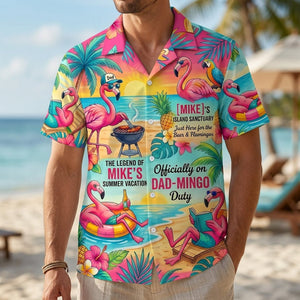 Personalized "Dad-Mingo" Flamingo Island Summer Vacation Hawaiian Shirt - FlamingoAholic