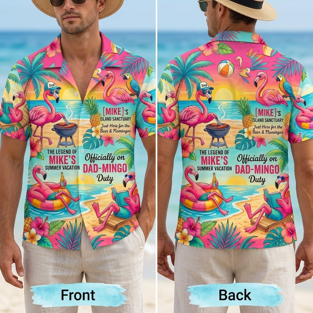 Personalized "Dad-Mingo" Flamingo Island Summer Vacation Hawaiian Shirt - FlamingoAholic