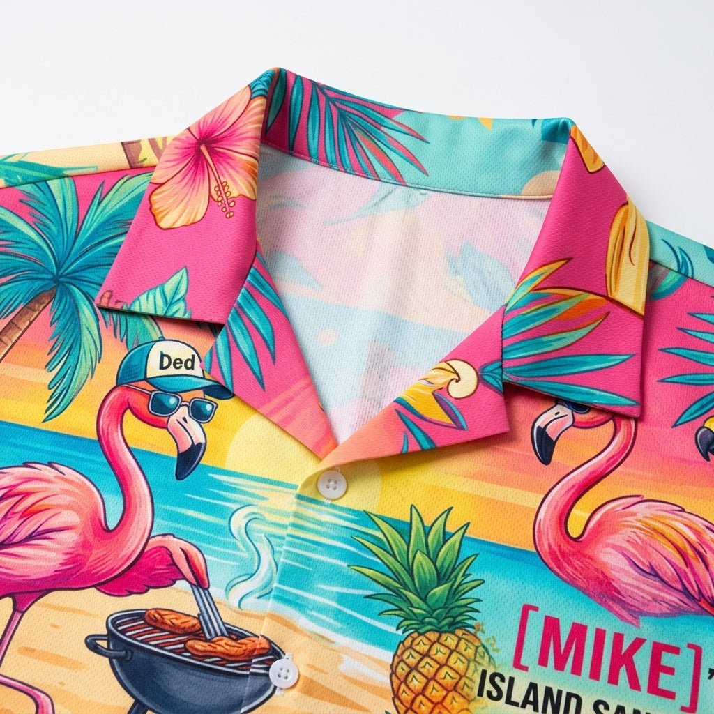 Personalized "Dad-Mingo" Flamingo Island Summer Vacation Hawaiian Shirt - FlamingoAholic