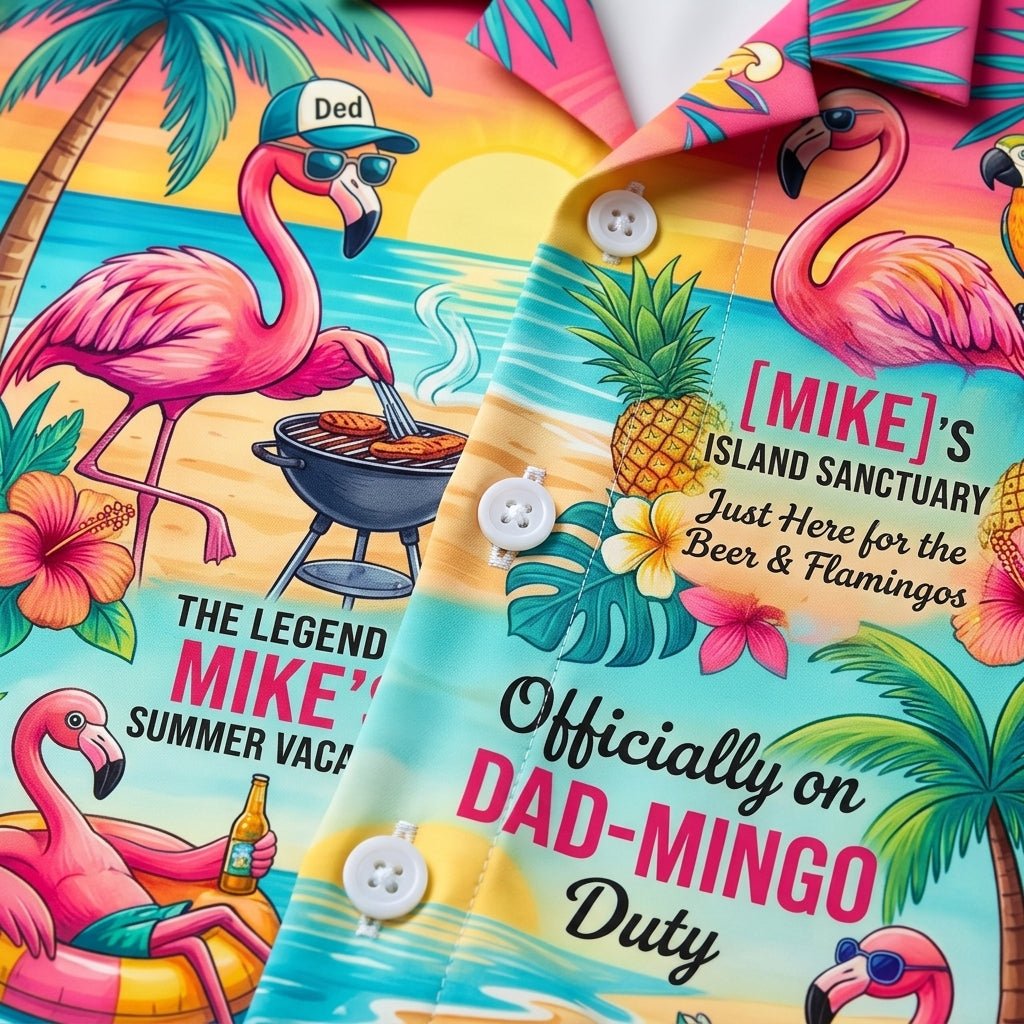Personalized "Dad-Mingo" Flamingo Island Summer Vacation Hawaiian Shirt - FlamingoAholic