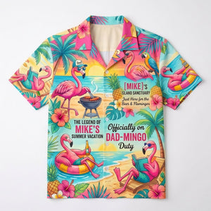 Personalized "Dad-Mingo" Flamingo Island Summer Vacation Hawaiian Shirt - FlamingoAholic