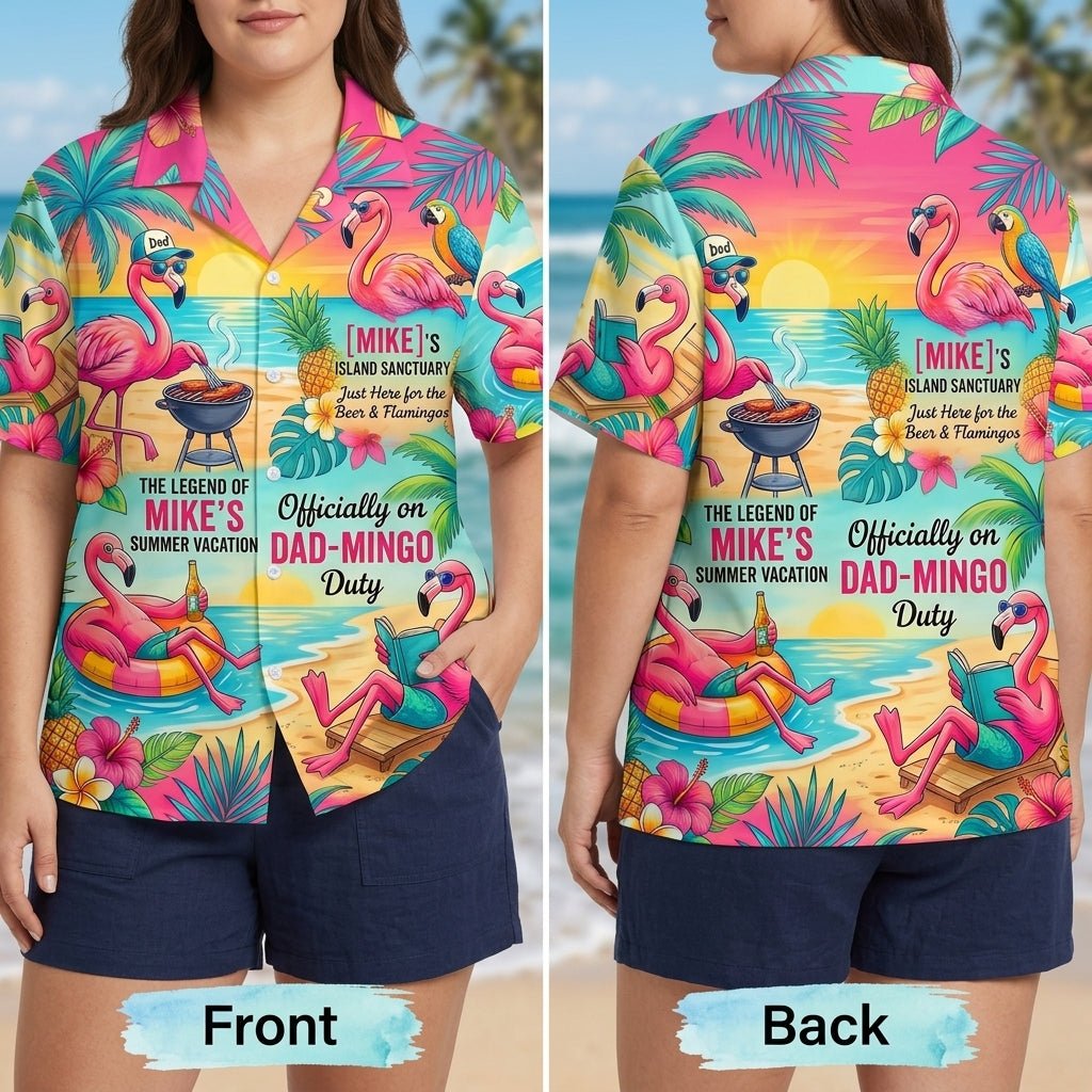 Personalized "Dad-Mingo" Flamingo Island Summer Vacation Hawaiian Shirt - FlamingoAholic