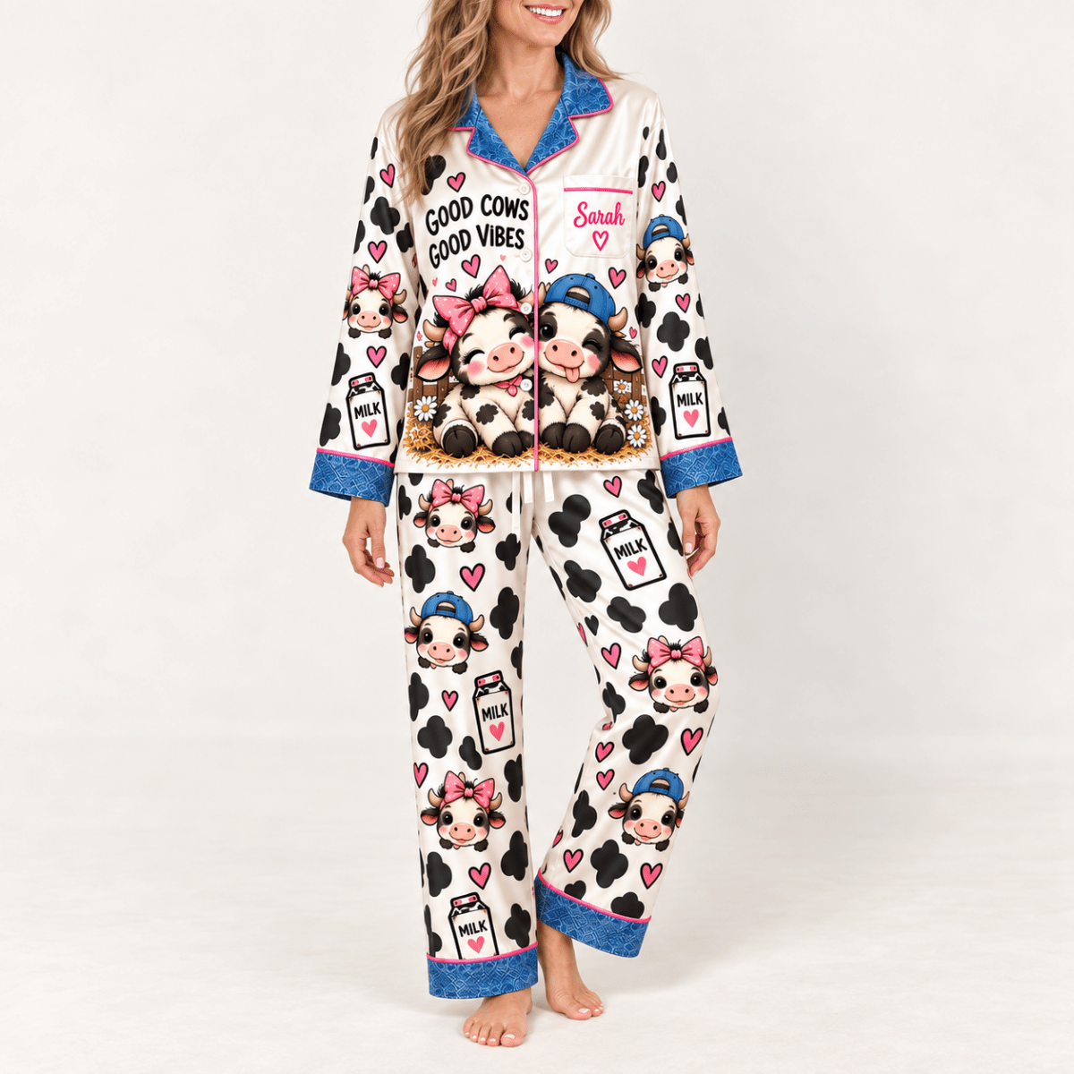 Personalized Dairy Cow Satin Pajama Set for Women - FlamingoAholic