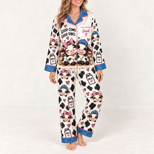 Personalized Dairy Cow Satin Pajama Set for Women - FlamingoAholic