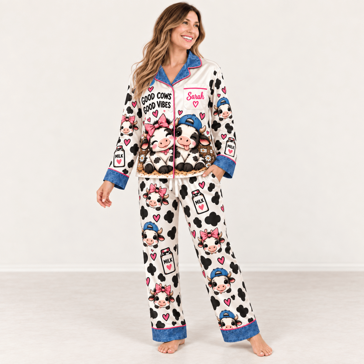 Personalized Dairy Cow Satin Pajama Set for Women - FlamingoAholic
