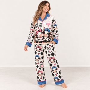 Personalized Dairy Cow Satin Pajama Set for Women - FlamingoAholic