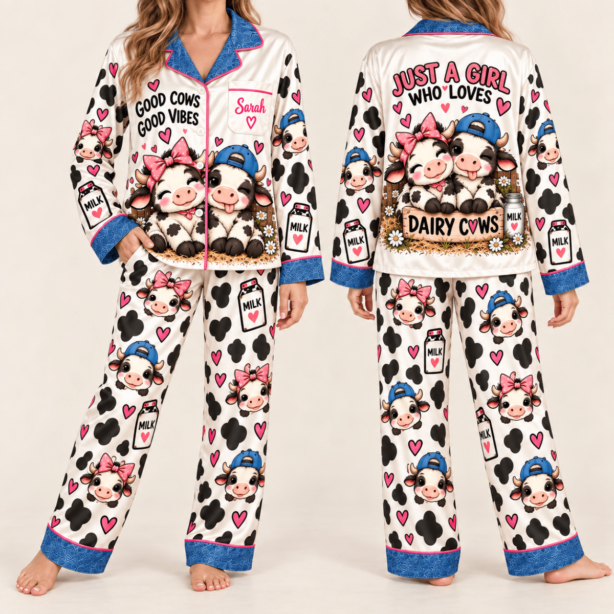Personalized Dairy Cow Satin Pajama Set for Women - FlamingoAholic