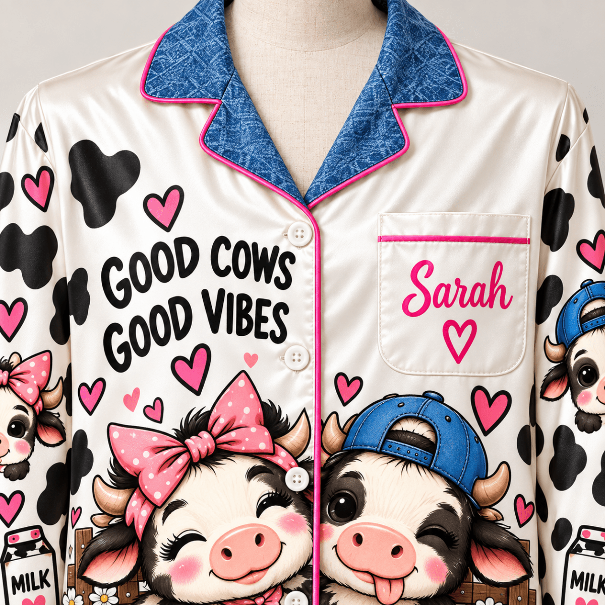 Personalized Dairy Cow Satin Pajama Set for Women - FlamingoAholic