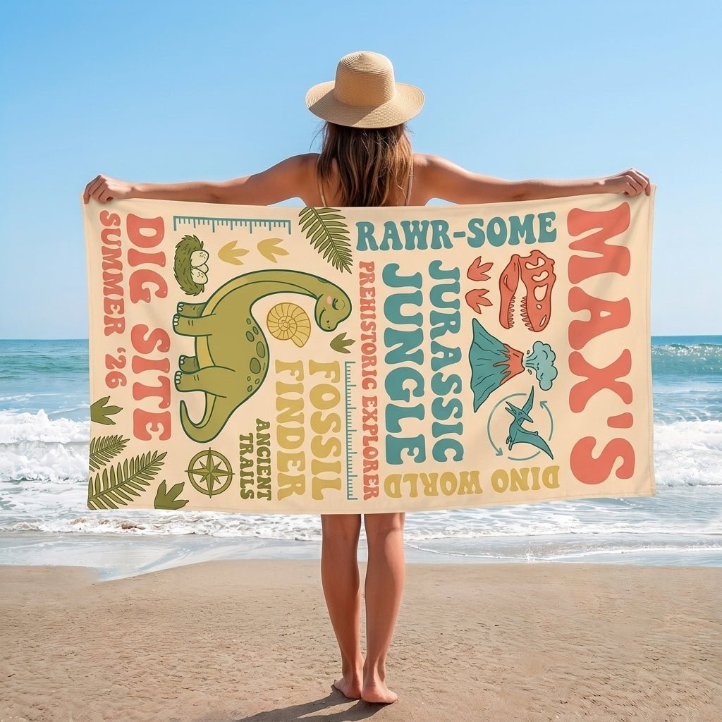 Personalized Dinosaur Beach Towel - Custom Name "Jurassic Jungle" Summer Gift - FlamingoAholic