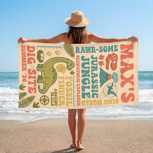 Personalized Dinosaur Beach Towel - Custom Name "Jurassic Jungle" Summer Gift - FlamingoAholic