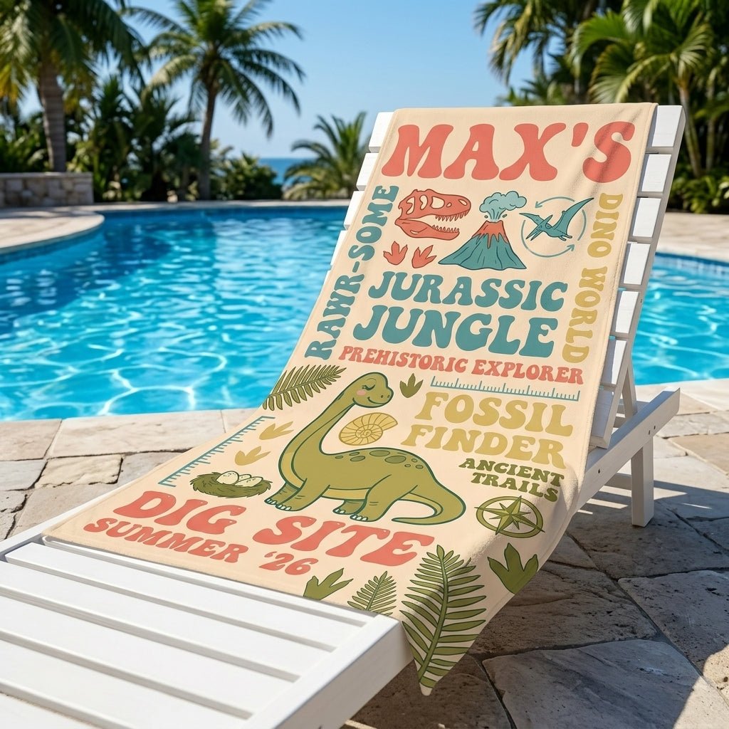 Personalized Dinosaur Beach Towel - Custom Name "Jurassic Jungle" Summer Gift - FlamingoAholic