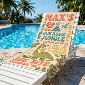 Personalized Dinosaur Beach Towel - Custom Name "Jurassic Jungle" Summer Gift - FlamingoAholic