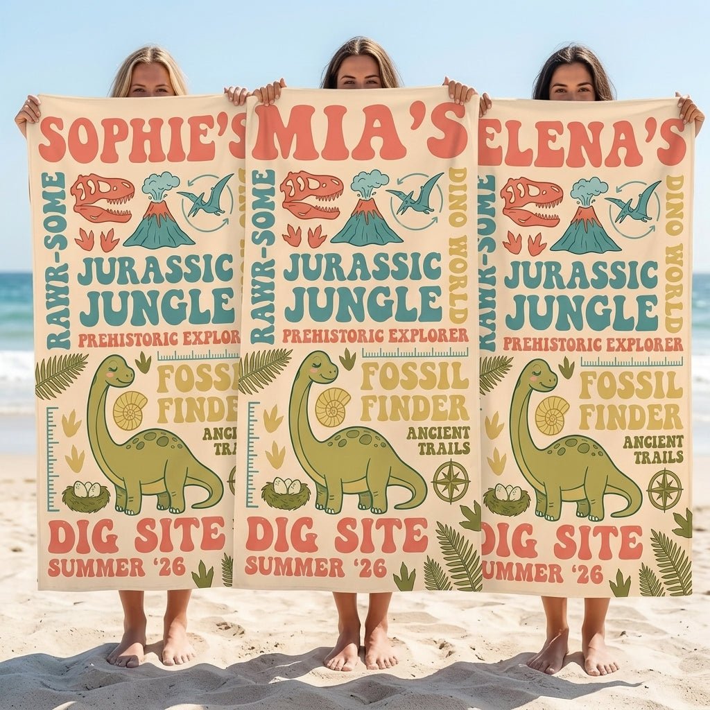Personalized Dinosaur Beach Towel - Custom Name "Jurassic Jungle" Summer Gift - FlamingoAholic