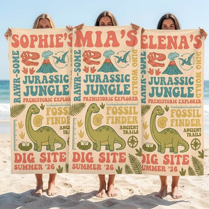Personalized Dinosaur Beach Towel - Custom Name "Jurassic Jungle" Summer Gift - FlamingoAholic