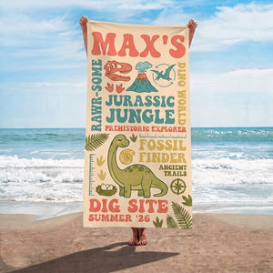 Personalized Dinosaur Beach Towel - Custom Name "Jurassic Jungle" Summer Gift - FlamingoAholic