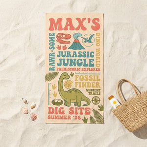 Personalized Dinosaur Beach Towel - Custom Name "Jurassic Jungle" Summer Gift - FlamingoAholic
