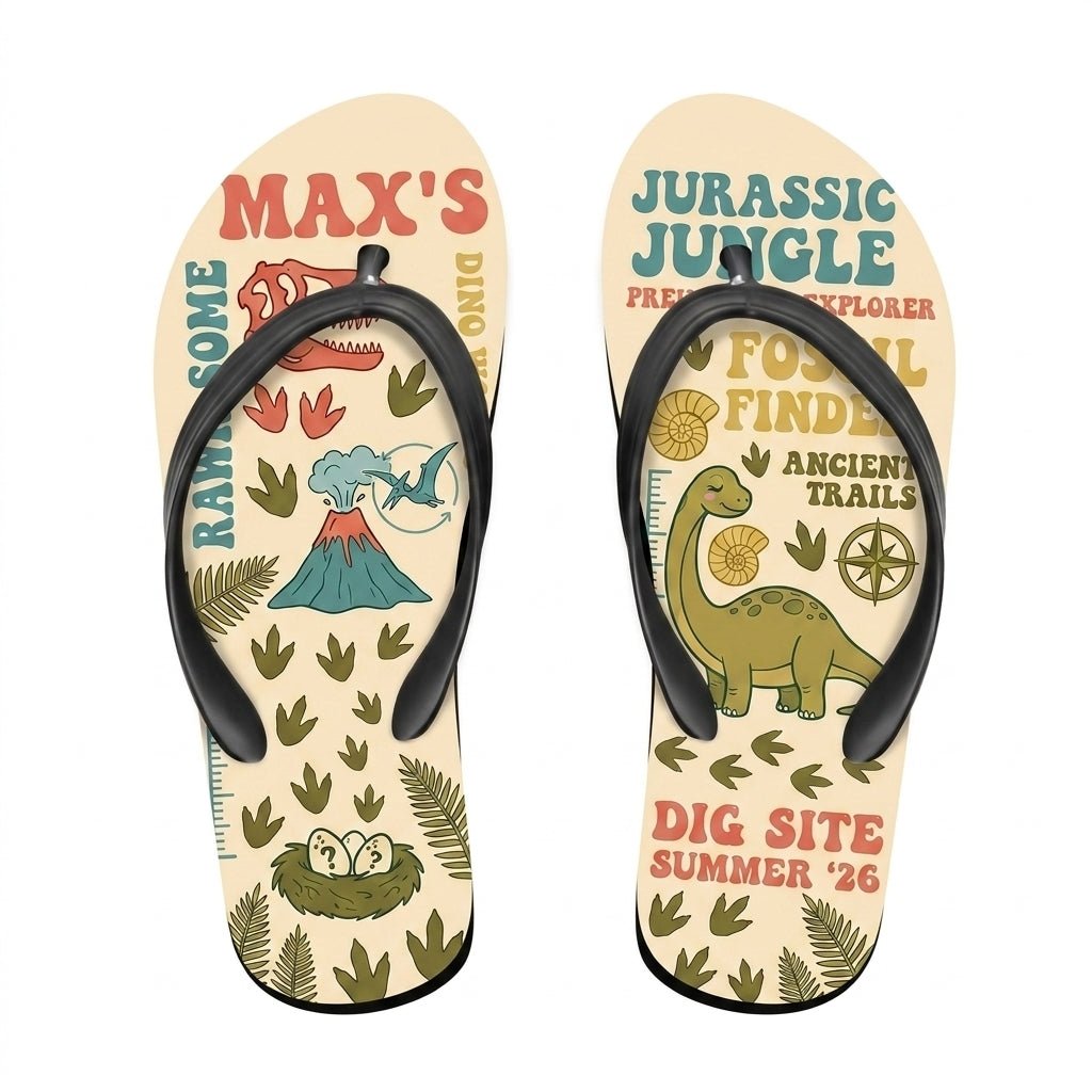 Personalized Dinosaur Lightweight Flip Flops - Custom Name "Max's Dig Site" - FlamingoAholic