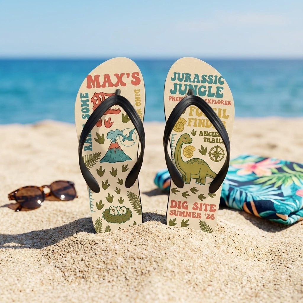 Personalized Dinosaur Lightweight Flip Flops - Custom Name "Max's Dig Site" - FlamingoAholic